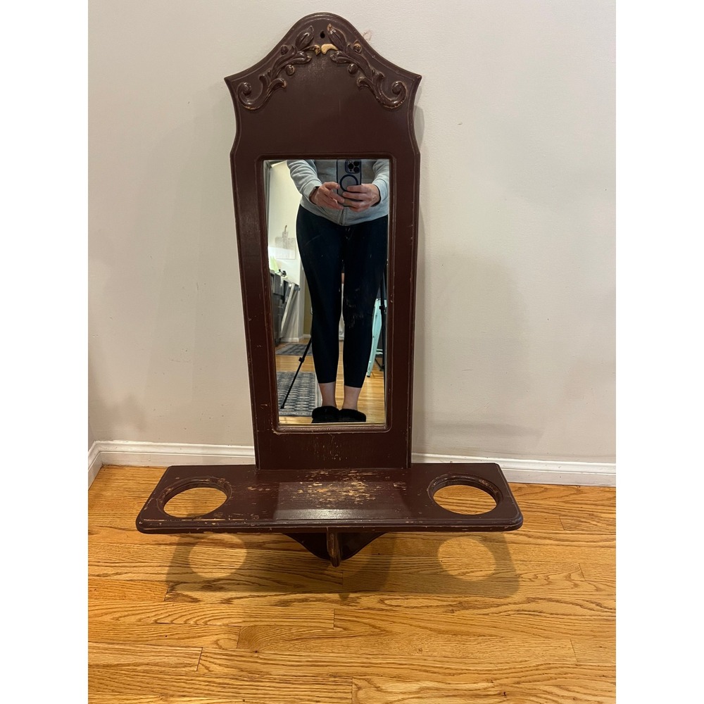 Vintage Wall Mirror with Shelf Carved Wood Sconce Planter Bracket 1976 Rustic